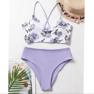Floral Scallop Trim Tie Back Two-Piece Bikini